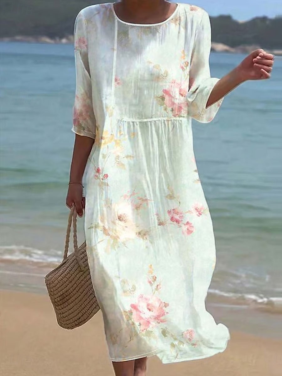 Damen Maxi Kleid Kaftan 3/4 Länge Ärmel Rundhalsausschnitt Lässiges Kleid A-Linie Kleid Boho Reguläre Passform Grafisch Geometrisch Abstrakt Gelb Pink Blau Orange Frühling Herbst 2025 - $41.99 –P4