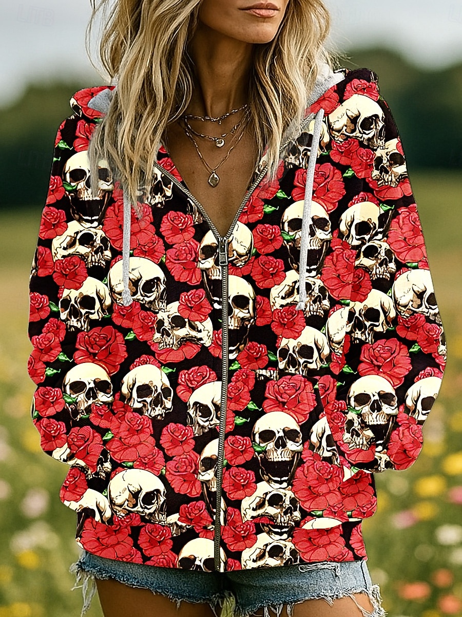 Mulheres Moletom com zíper Gráfico Caveiras Abóbora Moda Casual Manga Longa Com Capuz Tops regulares Rua Dia a Dia Zíper Bolsos Imprimir Preto Vermelho Laranja Marron Cinzento Primavera Outono Inverno de 2025 por $26.99 –P2