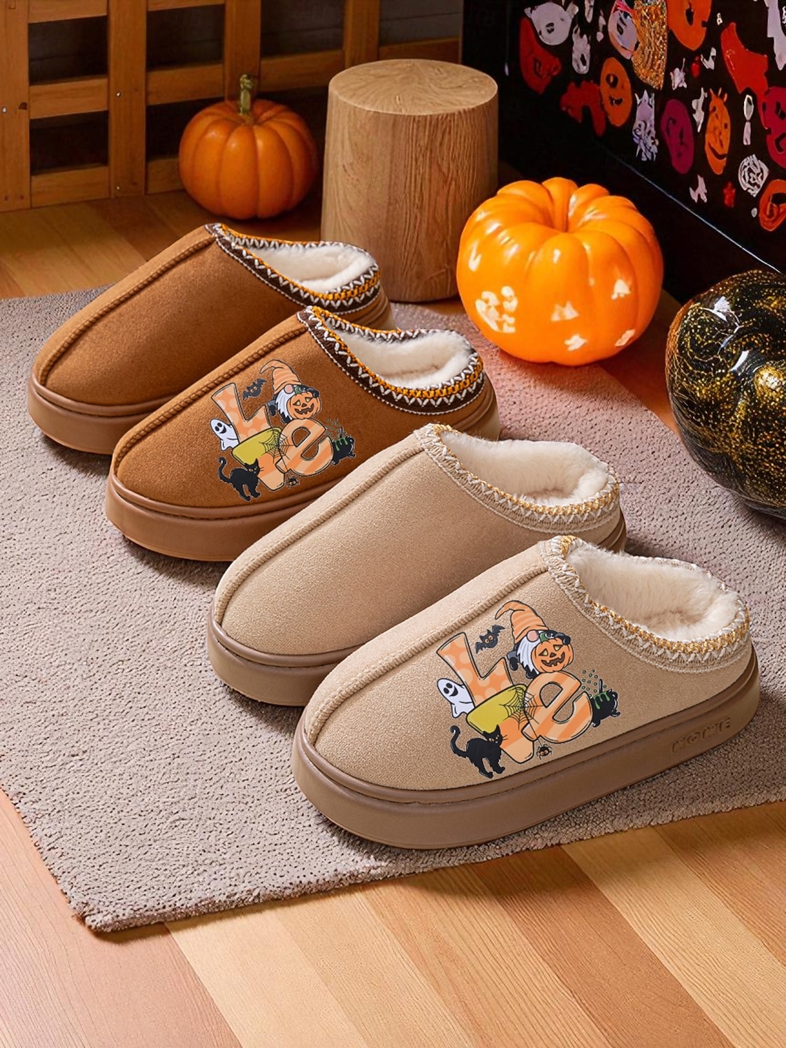 Chaussons d'Halloween doublés de polaire pour femmes - chaussures d'intérieur confortables avec imprimé citrouille de dessin animé, semelle antidérapante douce, style automne-hiver chaud pour la maison et les cadeaux de vacances de 2025 ? $18.99 –P1