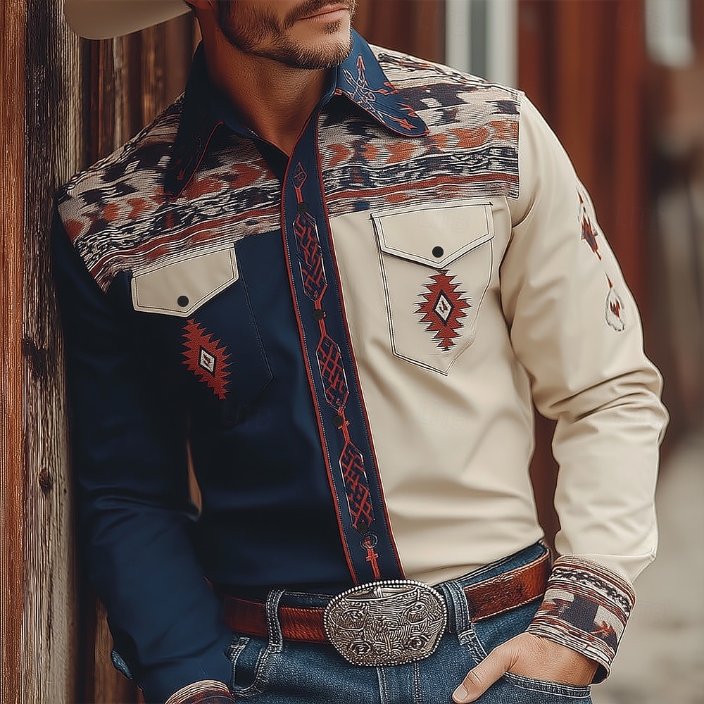 Herren Geometrisch aztekisch Ethnisch Hemd Westernhemd Cowboy-Shirt Langarm Vintage-Retro Lässig Outdoor Arbeitskleidung Frühling Herbst Umlegekragen Zwei Fronttaschen Leinenähnliches Hemd Hemden mit 2026 - $27.99 –P4