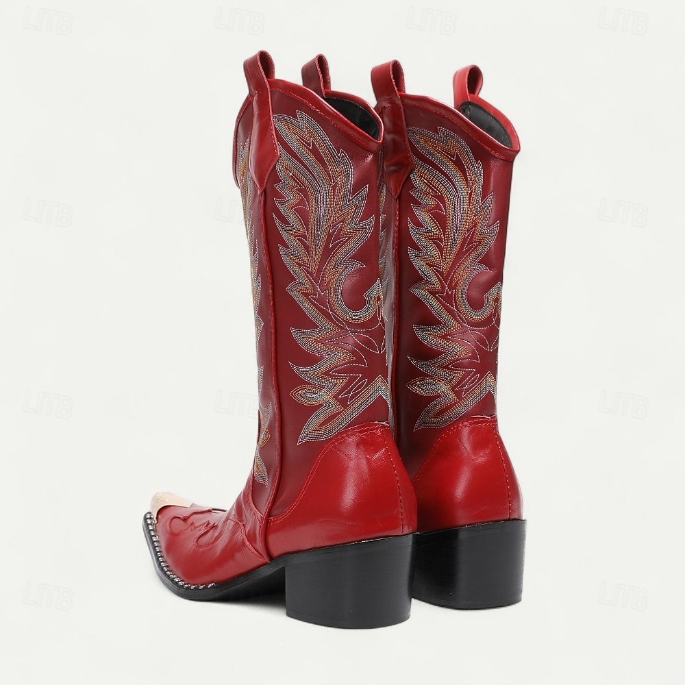 Pánské kovbojské boty z červené kůže – vysoké vyšívané boty ve westernovém stylu na rodeo, jízdu na koni a country festivaly 2025 - $229.99 –P5
