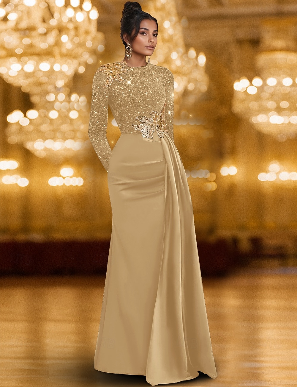 Linia -A Rochii de seara Elegant Rochie formală Oficial Nuntă Lungime Podea Manșon Lung Stil Nautic Rochie de Mama Miresei sampanie Satin cu Strălucire Pliuri 2025 2025 - $149.99 –P3