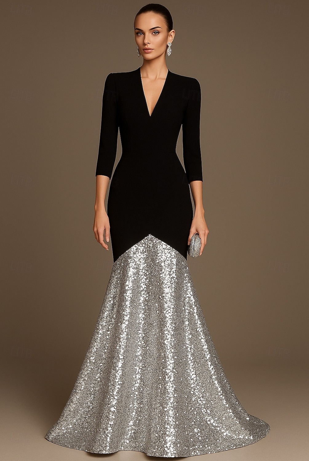 abito da sera elegante a sirena con paillettes nere, oro e argento, abito formale da sposa, lunghezza al pavimento, manica a 3/4, scollo a V con pieghe 2025 del 2025 a $137.99 –P1