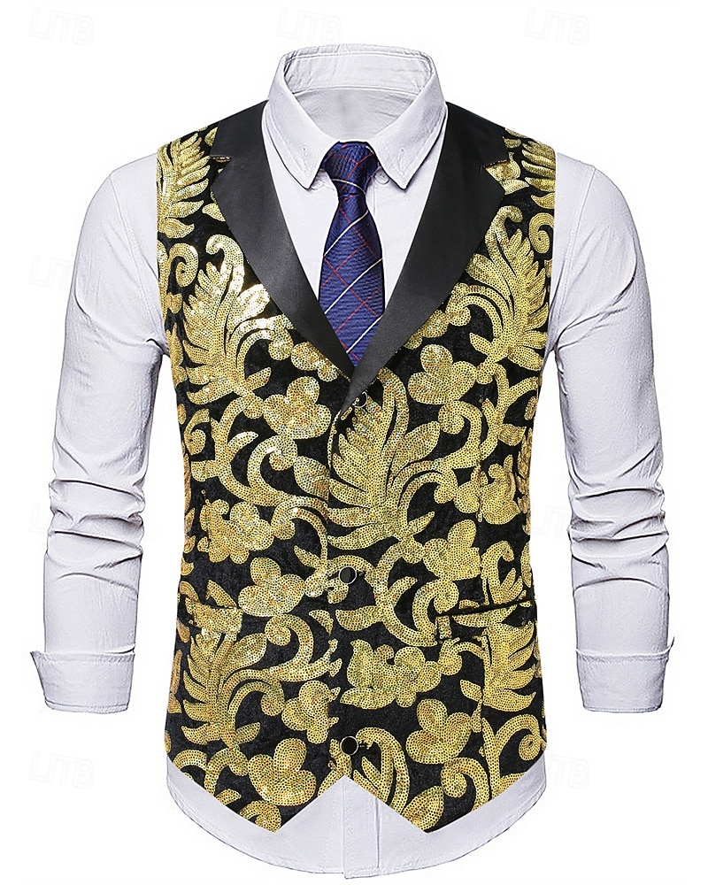 Herren Weste Gilet Urlaub Party Geschäft Mode Lässig Frühling Herbst Tasche Knöpfe Pailletten Polyester Bequem Beflockung Einreihig Ein-Knopf Steigendes Revers Normale Passform Gold Weste 2025 - $38.99 –P2