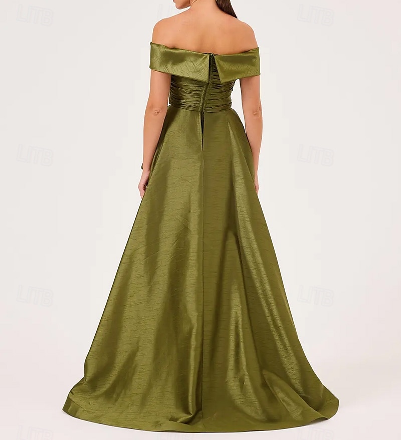 Abito da sera formale a linea A scollato con spalle scoperte taffetà elasticizzato stile celebrità abito formale matrimonio lungo fino al pavimento senza maniche con pieghe ruches e spacchi del 2025 a $159.99 –P3