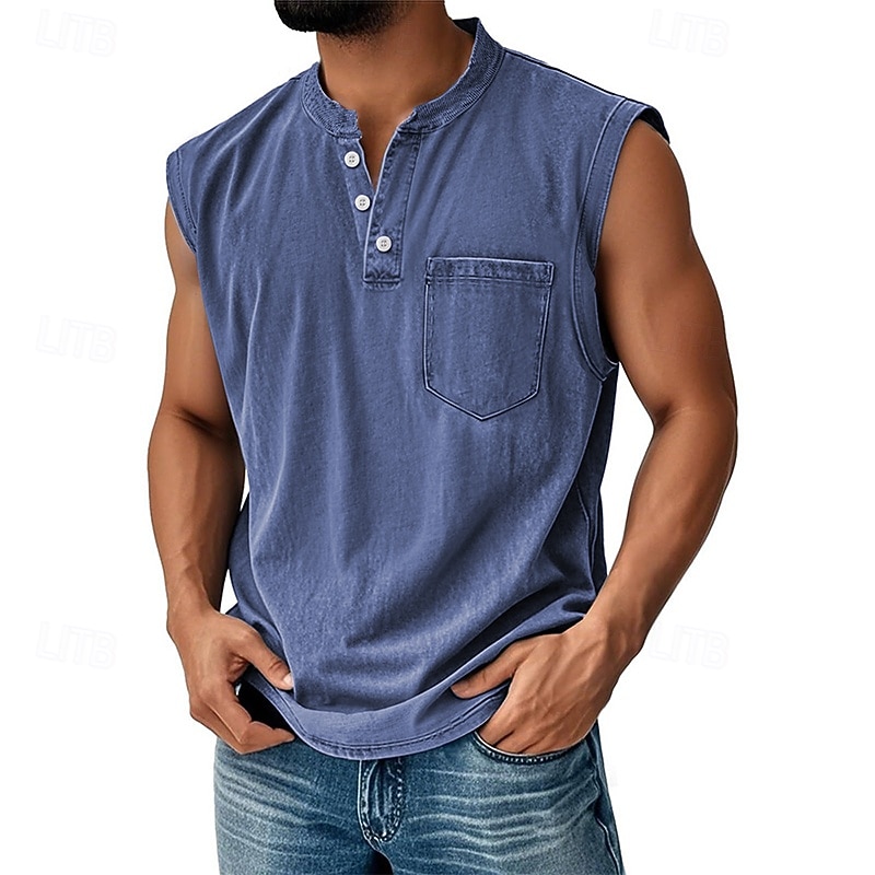 Herren Tank Top Weste Top Unterhemd Ärmellos Shirt Baumwolle Ärmellos Henley Sommer Einfarbig Mode Designer Basic Tasche Knöpfe Urlaub Street Ausgehen Schwarz Hellgrün Rosa Top Tee für Männer 2025 - $22.99 –P13