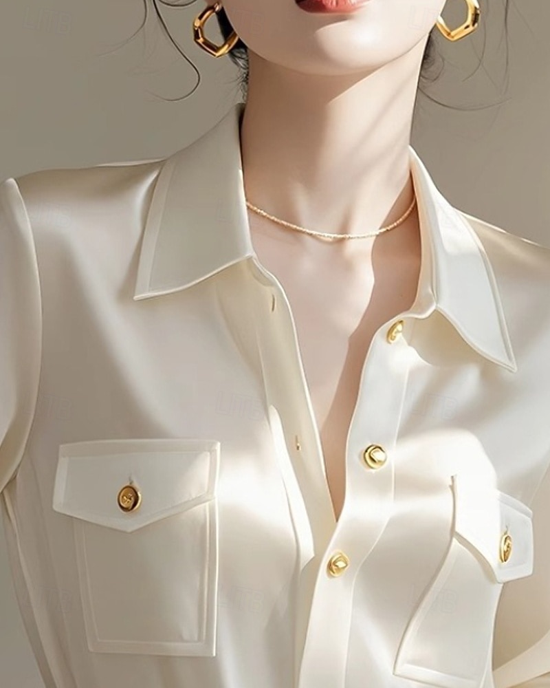 Dames Overhemd Blouse Effen Actief Stijlvol Lange mouw Overhemdkraag Normale tops Werk Uitgaan Formele kleding Zak Knop Beige Herfst 2025 - $31.99 –P2