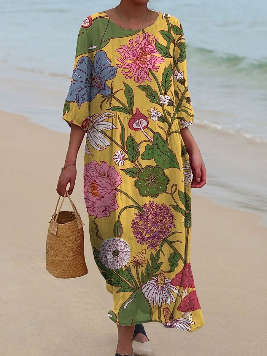 Damen Maxi Kleid Kaftan 3/4 Länge Ärmel Rundhalsausschnitt Lässiges Kleid A-Linie Kleid Boho Lockere Passform Florales Grafik V-Ausschnitt Weiß Gelb Hellgrün Grün Frühling Herbst 2025 - $16.99 –P6