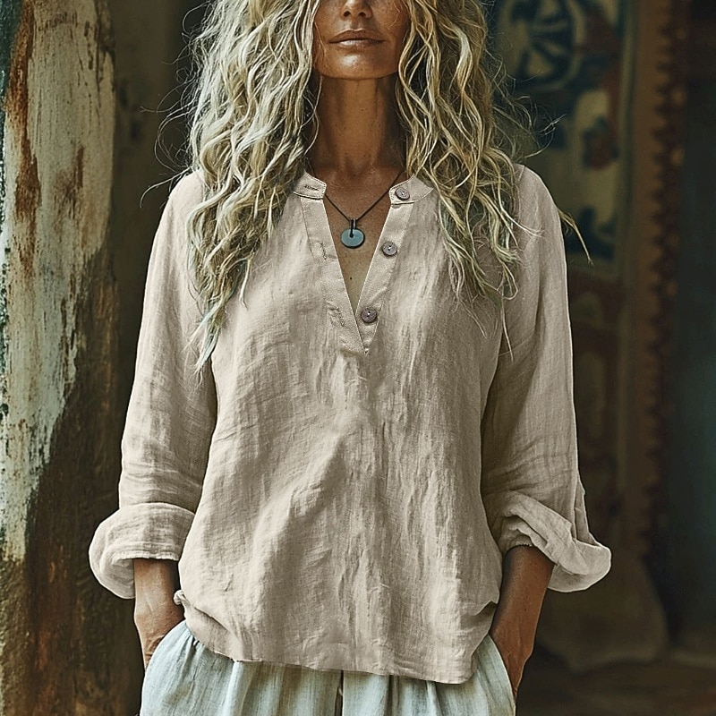 Dam Skjorta Texturblus Linneinspirerade skjortor Blus Knappar Slät Modern Ledigt Långärmad V-hals Vanliga toppar Helgdag Utekväll Vit Ljuslila Kaki Ljusblå Höst 2026 - $26.99 –P3