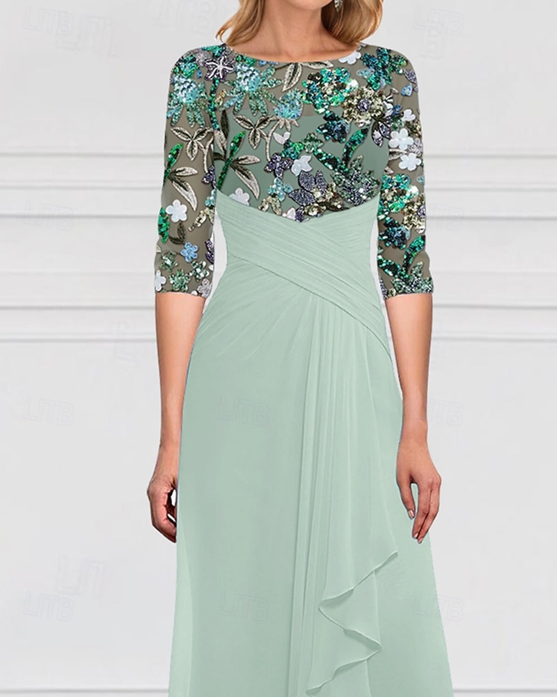 Linea ad A Lunghezza al pavimento Abito Formale Abito da sera Mezza Manica Scollo a Barca Elegante Semplice Lussuoso Formale Ospite di nozze Chiffon Pizzo Pizzo con perline Abito da cerimonia per del 2025 a $184.99 –P3