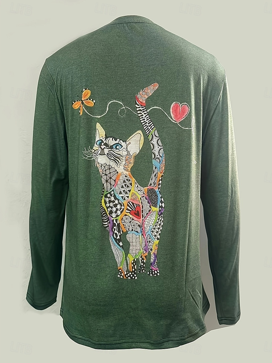 Γυναικείo T-shirt Μακρύ Μανίκι Λουλουδάτο Γραφικό Γάτα Vintage Στυλάτο Κλασικό Μακρύ Μανίκι Crew Neck Κανονικά Top Ημερήσια Εκτύπωση Μαύρο Μπλε Πράσινο Άνοιξη Φθινόπωρο Προφθινόπωρο 2026 - $24.99 –P2