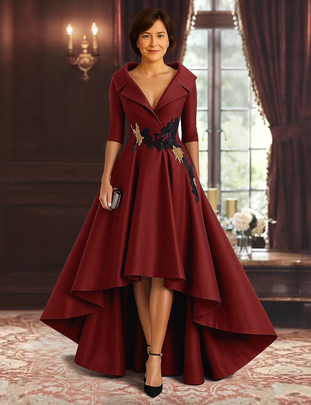 rot-schwarzes A-Linien-Kleid für die Brautmutter, eleganter hochgeschlitzter Hemdkragen, asymmetrischer Satin, 3/4-Ärmel mit Applikationen 2025 2025 - $149.99 –P1