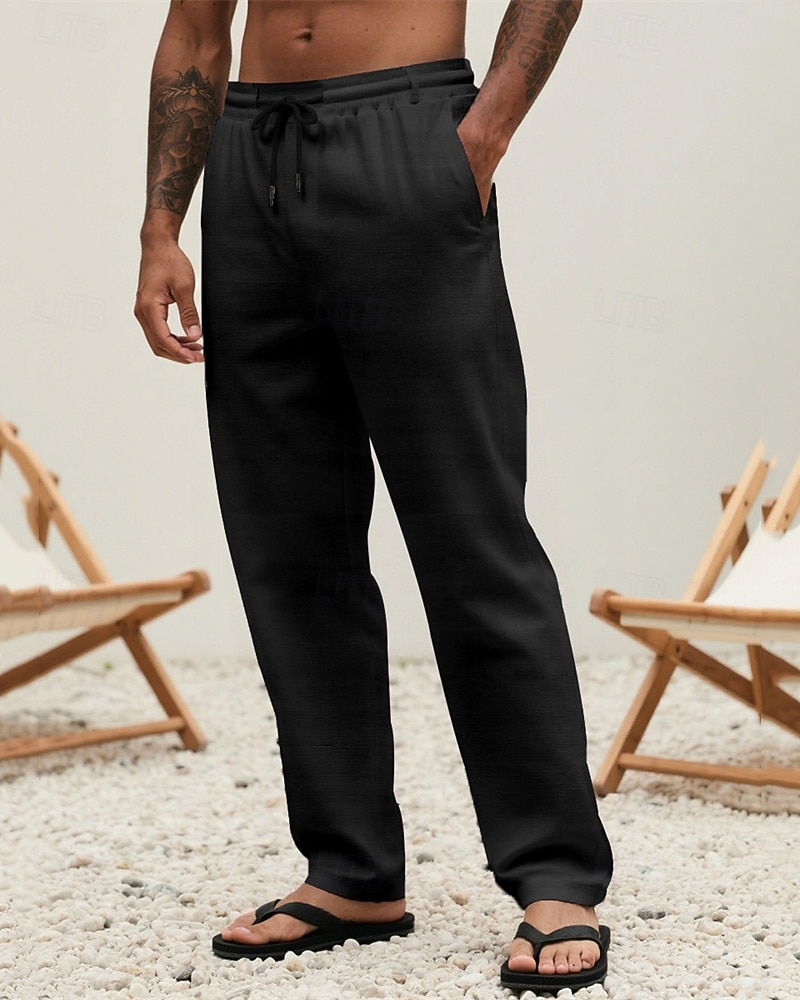 Herr Linne Byxor Långbyxor Sommarbyxor Strandbyxor Snörning Ficka Elastisk midja Slät Komfort Andningsfunktion Semester Dagligen Helgdag Hawaiisk Boho 다크 카키 Svart 2025 - $17.99 –P14
