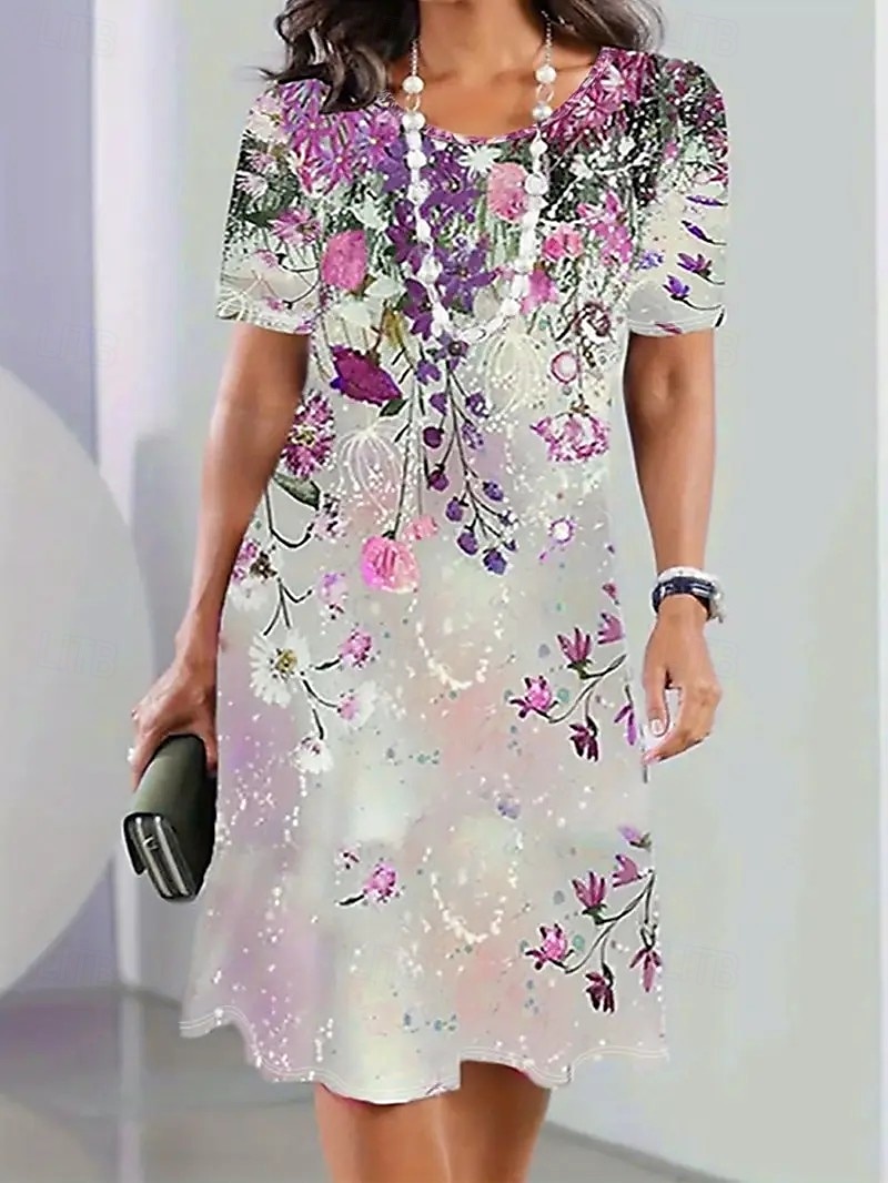 Nők Elegáns Parti Estélyi Midi Ruha Kerek Nyakú Rövid Ujjú Átmeneti Ruha A vonalú Ruha Hétköznapi Boho Mindennapi Normál Fit Ombre Virágos Grafika Világos Lila Nyár Tavasz Ősz 2025 - $23.99 –P1