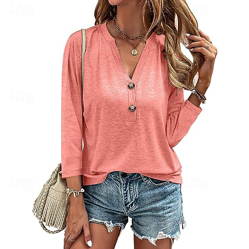 Per donna Blusa Tinta unica Vintage Quotidiano Casual Manica 3/4 Scollo a V Top Regolari Lavoro Quotidiano Uniformi da club Bottoni Rosso violaceo Nero Rosa Blu Estate Primavera Autunno Inverno del 2025 a $21.99 –P4