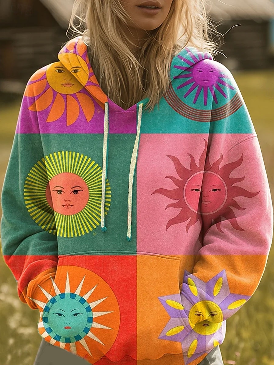 Women's Pullover Hoodie Sweatshirt Graphic Rainbow Casual Boho Long Sleeve Hooded Regular Tops Street Dailywear Print Front Pocket Yellow Pink Blue Orange Fall Winter 2025 - $26.99 –P3