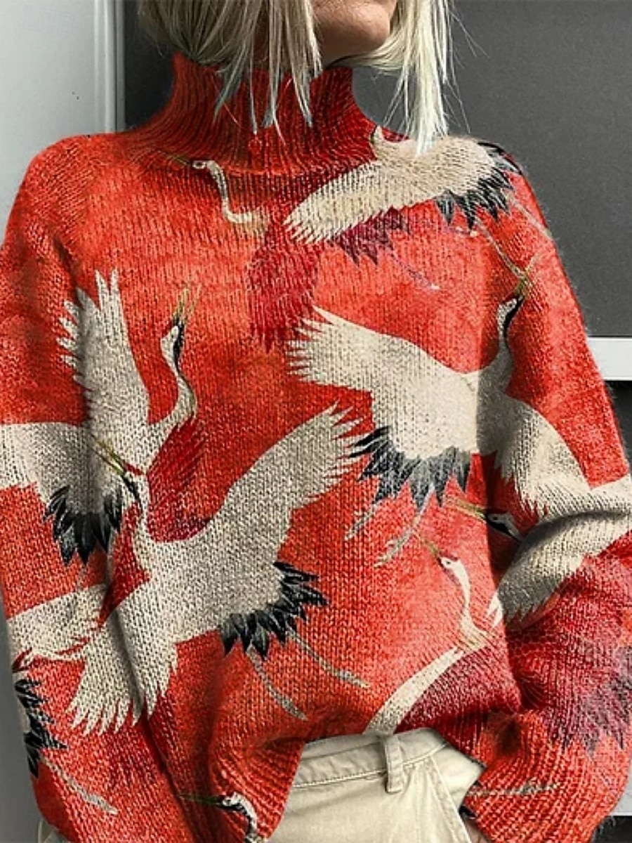 Women's Pullover Vacation Daily Floral Animal Ribbed Turtleneck Print Long Sleeve Regular Tops Knit Outdoor Daily Holiday Wine Red Fall Winter 2025 - $25.99 –P2