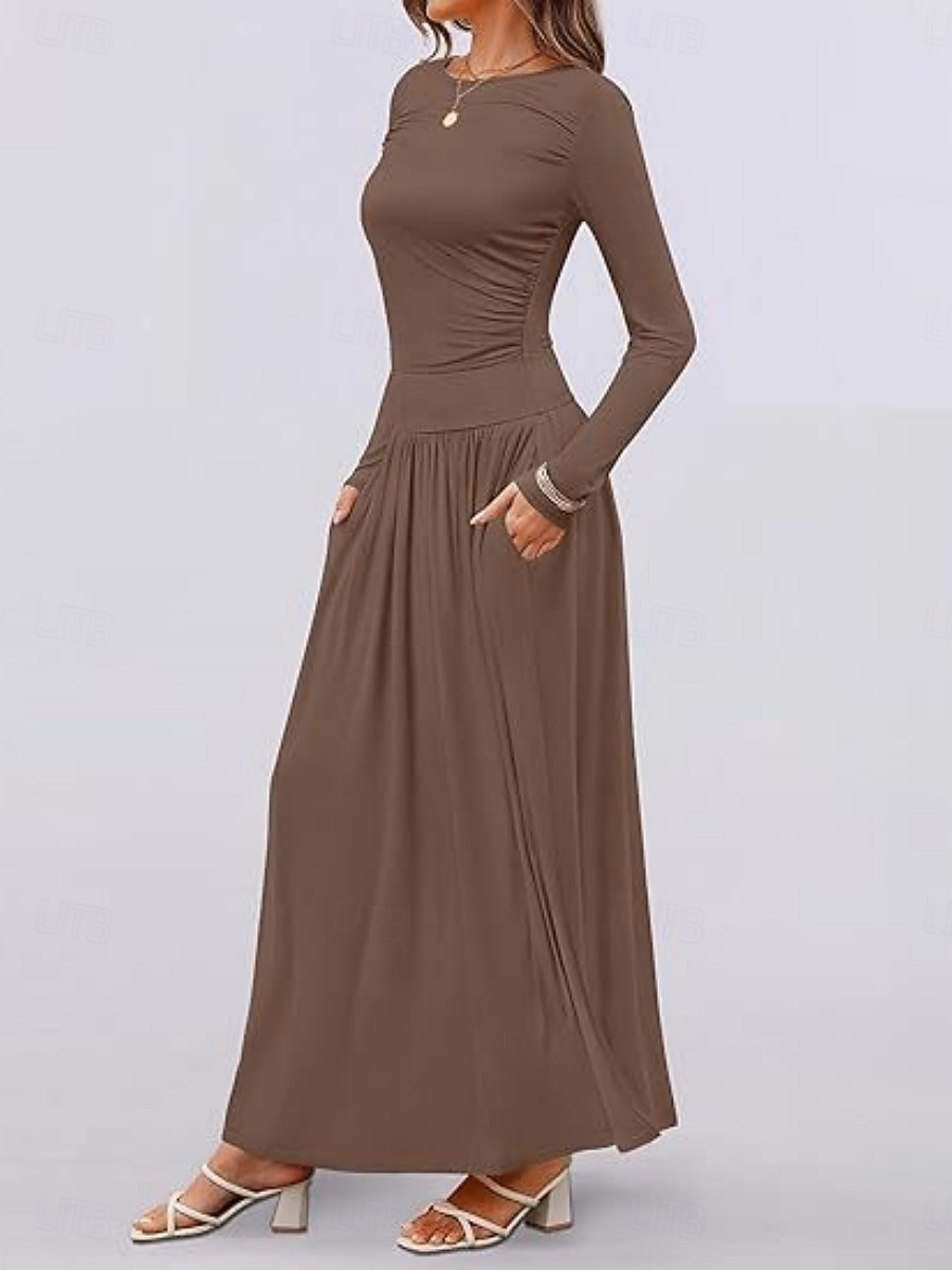 Dames Maxi-jurk Trui-jurk A lijn jurk Casual Dagelijks Normale pasvorm Effen Lange mouw Strakke ronde hals Zwart Blozend Roze Rood Bruin Lente Herfst Winter 2025 - $29.99 –P10