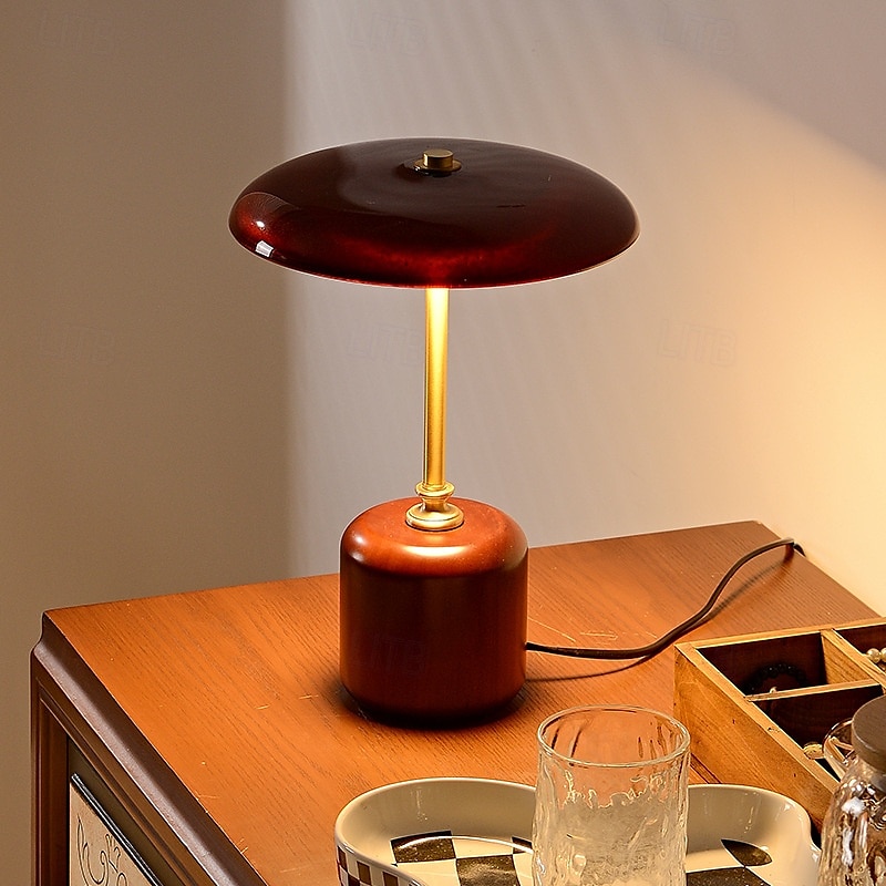 Candeeiro de mesa redondo de vidro e madeira de latão retrô contemporâneo com cilindro LED para cabeceira de 2025 por $252.39 –P5