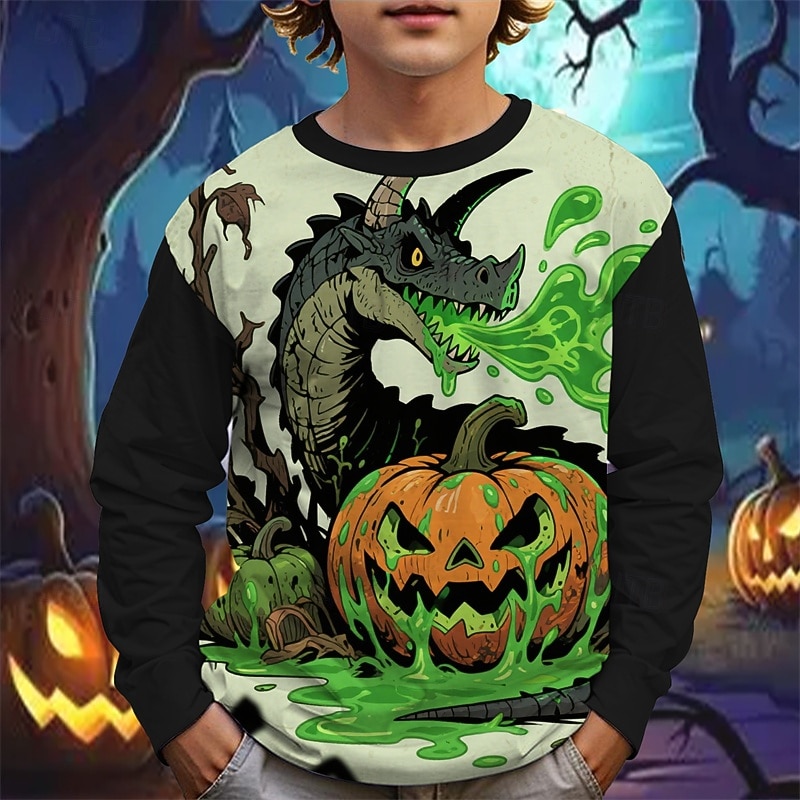 Halloween Jungen 3D Cartoon Kürbis Dinosaurier T-Shirt Langarm Frühling Herbst Mode Basic Kinder 4-12 Jahre Rundhalsausschnitt Outdoor Lässig Täglich Normale Passform 2025 - $13.99 –P2