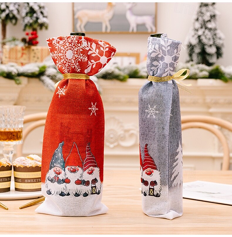 2 ks vánočních krytů na lahve vína s trpaslíky, sáčky na lahve vína s motivem sněhové vločky s motivem Rudolfa a lesního bezu, sváteční obaly na lahve vína 2025 - $6.49 –P1