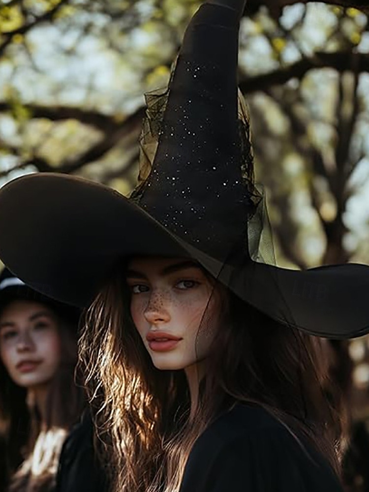 Dámský halloweenský čarodějnický klobouk – černý satén s hvězdnými třpytkami a průsvitným tylovým závojem – ideální pro halloweenské kostýmy a večírky 2025 - $14.99 –P2