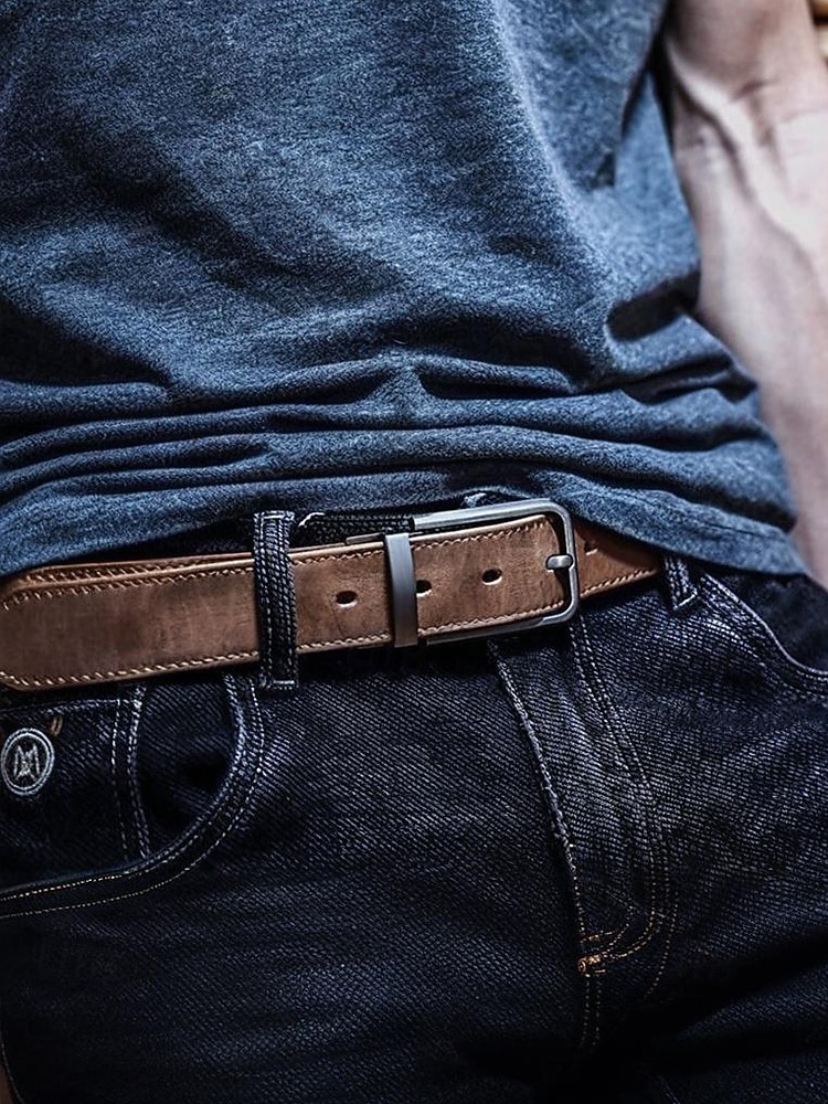 Мужской ремень из натуральной коровьей кожи – винтажный коричневый ремешок с пряжкой из матового сплава, регулируемый для джинсов, работы, деловой и повседневной одежды 2026 - $29.99 –P2