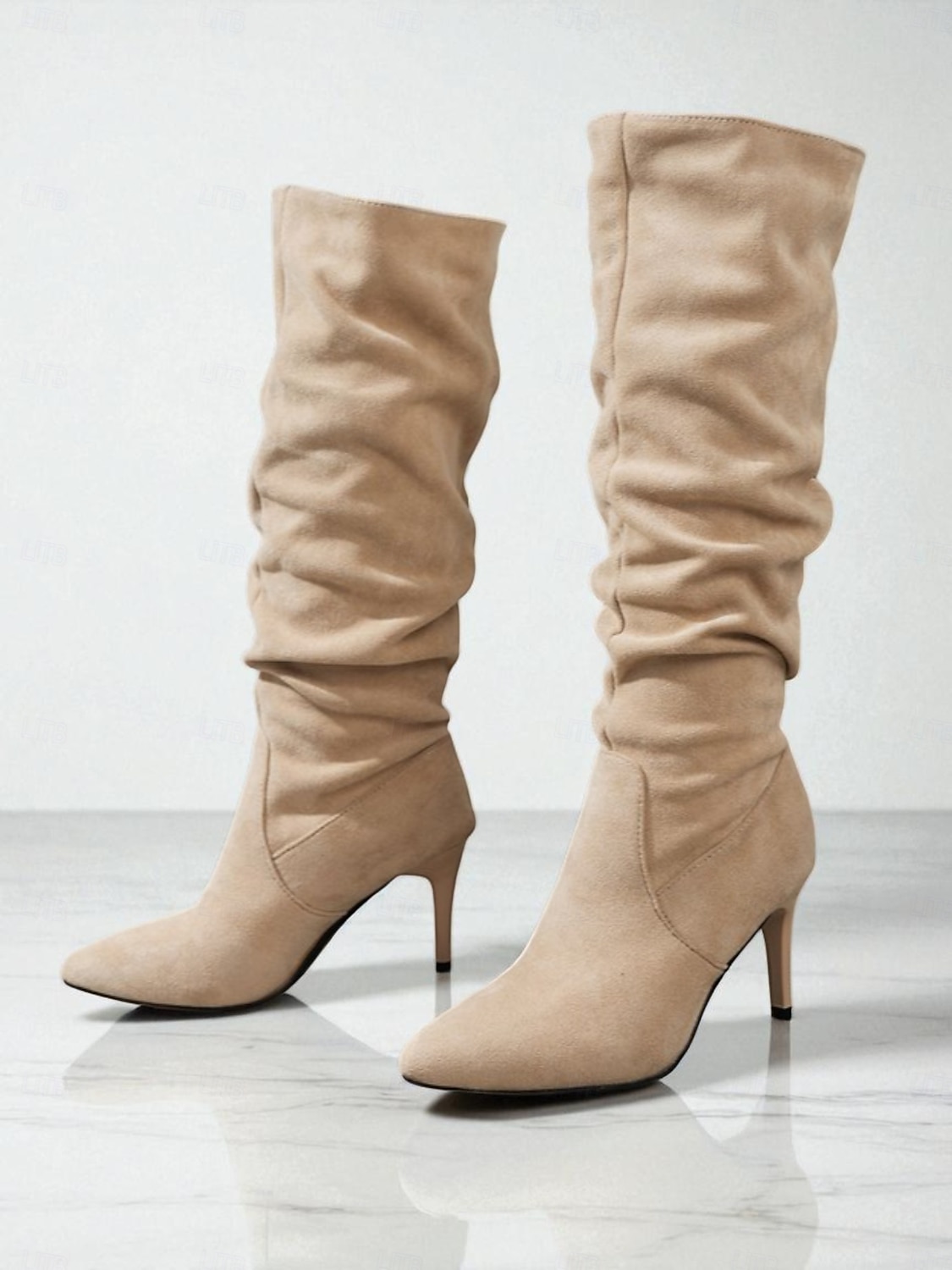 Botas femininas de cano alto, estilo slouch, de camurça sintética bege, com salto agulha - calçados da moda outono para looks estilosos do dia a dia e para encontros casuais de 2026 por $54.99 –P6
