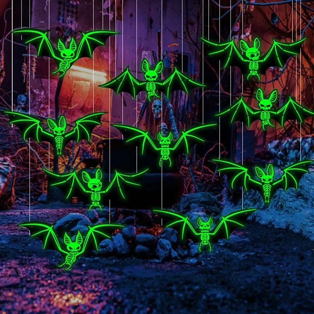 10 pezzi di decorazioni per l'atmosfera horror di Halloween, appese agli alberi con luce notturna fluorescente da pipistrello stereoscopico 3D, decorazioni per feste e case infestate del 2025 a $21.99 –P6