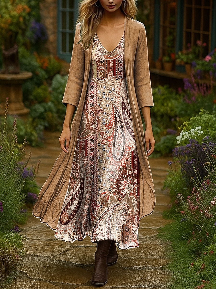 Dam Klänning Set Maxiklänning A linjeklänning Sommarklänning Semester Boho Nyans Blommig Multi lager Mönster Maxiklänning 3/4 ärm V-hals Utomhus Dagligen Svart Rodnande Rosa Orange Sommar Vår Normal 2025 - $51.99 –P5