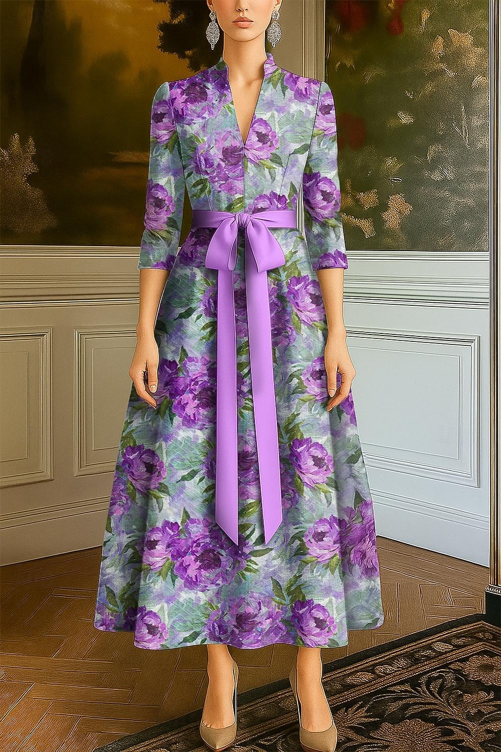 lila geblümtes A-Linien-Abendkleid, elegantes Kleid, formelle Hochzeit, bodenlang, halbe Ärmel, V-Ausschnitt, Tasche, Nylon mit Blumendruck 2025 2025 - $145.99 –P1