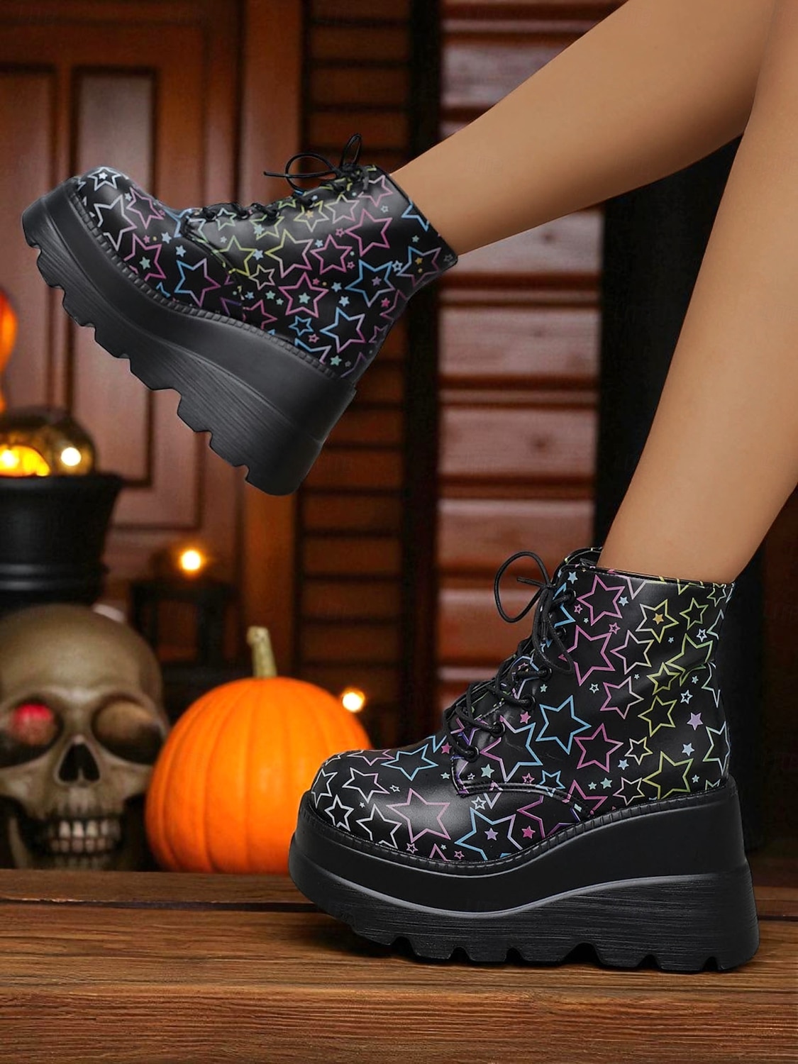Botas femininas pretas plataforma com cadarço e caveira - botas góticas de cano curto com sola grossa para festas de outono, cosplay e dia dos mortos de 2025 por $34.99 –P1