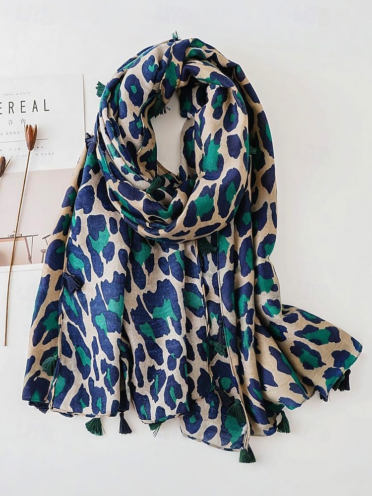 Bufanda con borlas y estampado de leopardo para mujer: chal extragrande, suave y ligero con flecos, estilo bohemio chic para otoño/invierno, atuendos casuales, oficina, viajes y regalos. 2025 - $14.99 –P9