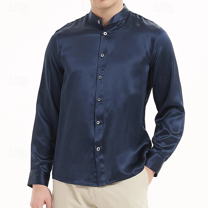 Per uomo Camicia Camicia con colletto alla coreana Come la seta Camicia in raso Camicia elegante Semplice Formale Matrimonio Nero Bianco Blu Grigio Manica Lunga Colletto Primavera & Autunno Tutte le del 2025 a $23.99 –P3