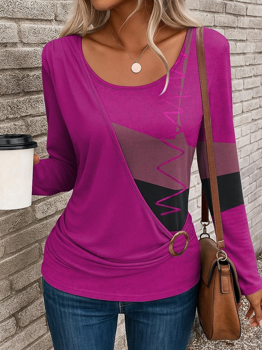 Femmes T-shirt Graphique Géométrique ancien Élégant Occasionnel manche longue Col ras du cou Hauts Réguliers Quotidien Patchwork Imprimé Jaune Rouge Bleu Bleu Poudré Violet Automne Hiver de 2025 ? $24.99 –P5