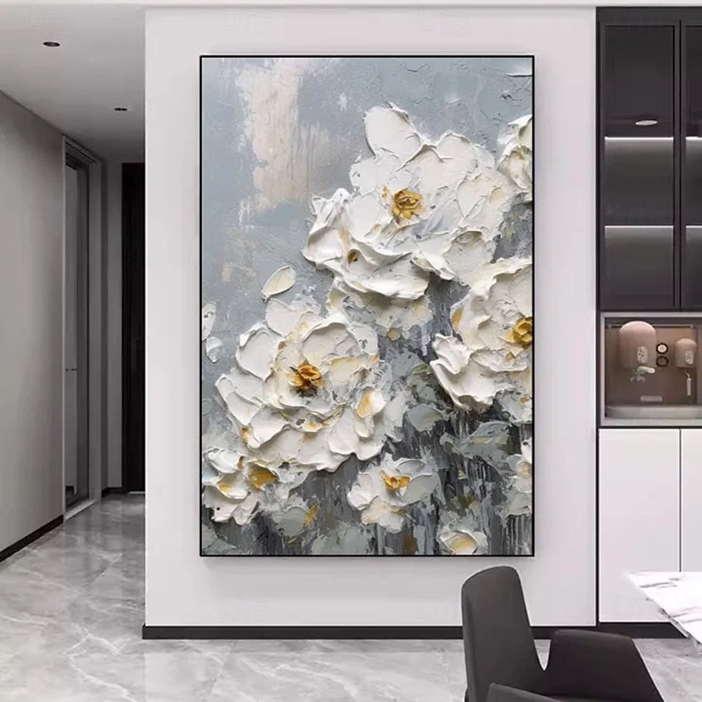 2025年 鮮やかな花の構図と白い牡丹を特徴とする手作りの3D白い花の油絵。絶妙なインパスト技法と豊かな色彩パレットが特徴で、エレガントな室内装飾に最適です。  コレクション – $54.99 –P2