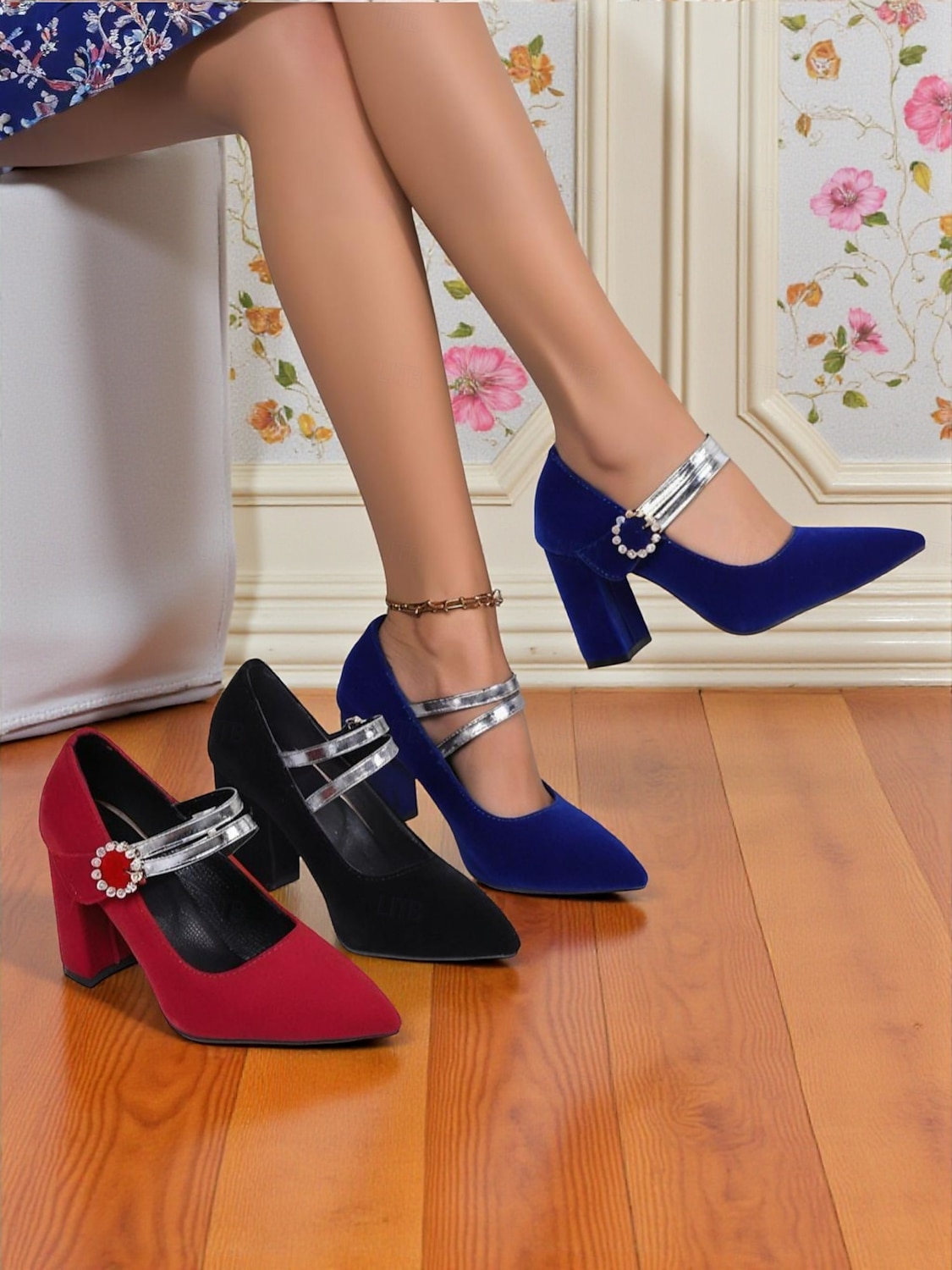 Tocuri Mary Jane de damă din catifea albastră cu cataramă din perlă - pantofi eleganți cu vârful ascuțit și barete argintii pentru ținute de lucru de toamnă/iarnă, stil urban șic și petreceri de 2025 - $46.99 –P2