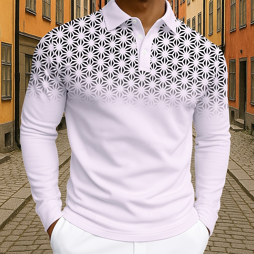 Herr Geometrisk Polo Långärmad Polotröjor Kavajslag Business Casual Fritids- Dagliga kläder 3D-utskrift Knappar Vår Höst Vinter Svart Vit Blå 2025 - $21.99 –P7