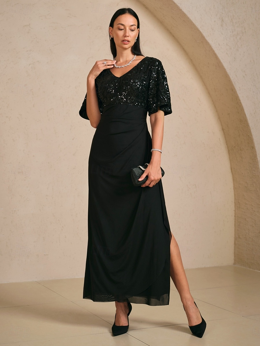 Femmes Robe maxi Robe fourreau Élégant Fête Anniversaire Fleuri Demi Manches Col en V Noir Été Printemps Automne de 2025 ? $129.99 –P5