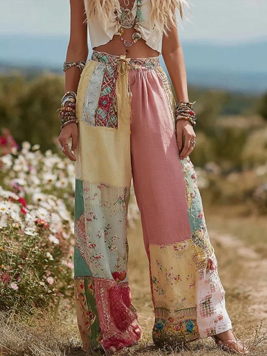 Women's 3D Print Wide Leg Chinos Baggy Pants Vacation Vintage Fashion Full Length High Waist Floral Graphic Drawstring Patchwork Print Soft Breathable Inelastic Vacation Street Light Pink Dark Pink 2025 - $34.99 –P2