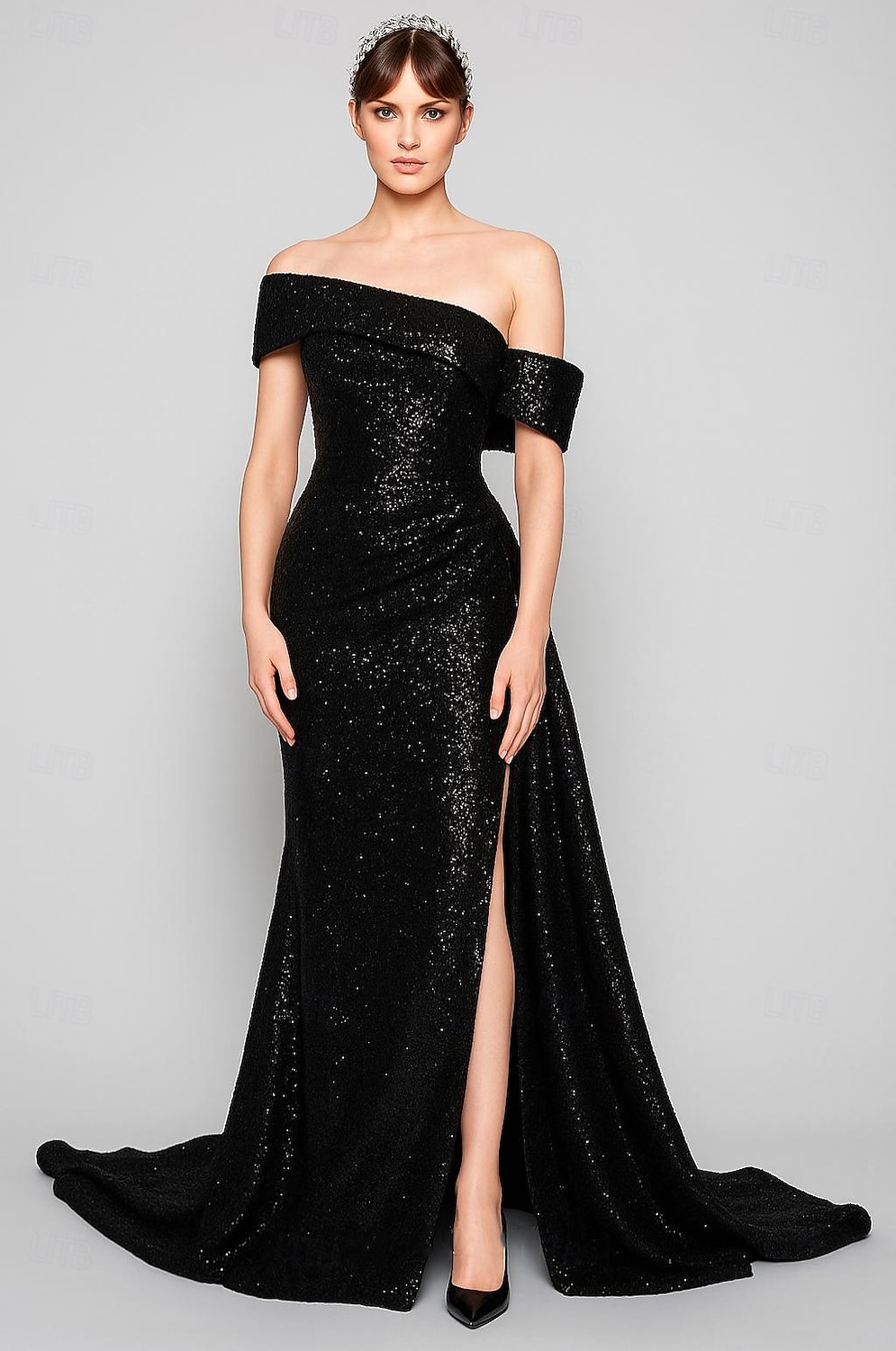 Sequined Black Blue A-Line Evening Gown Elegant Dress Carnival Formal Floor Length Short Sleeve One Shoulder Detachable with Glitter 2025 2025 - $144.99 –P1