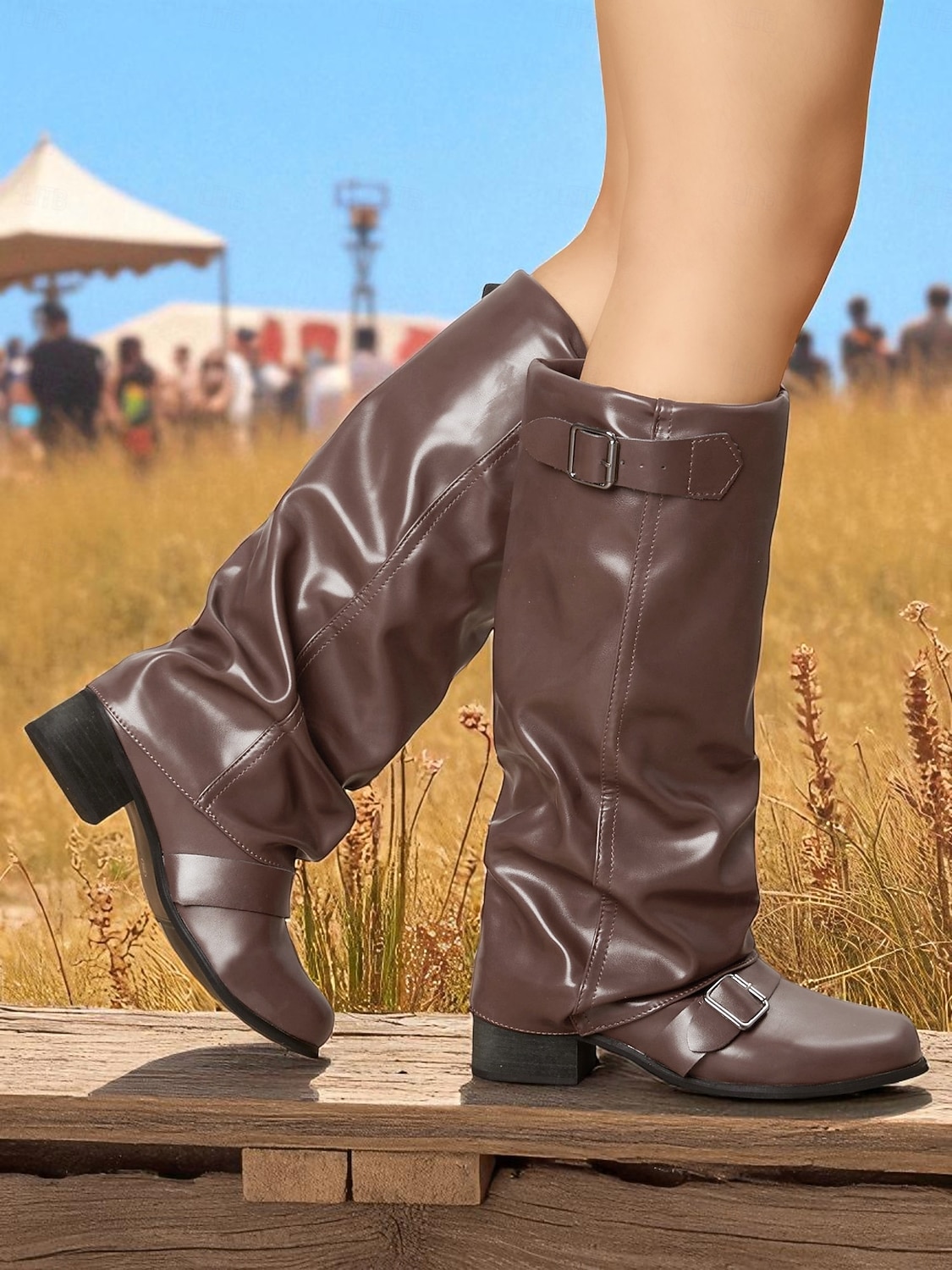 Bottes d'équitation marron pour femmes - style équestre souple en similicuir avec sangles à boucle et talon bas, chaussures décontractées d'automne et d'hiver pour événements en plein air, festivals de 2025 ? $54.99 –P3