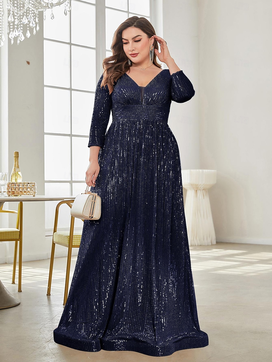 Linea ad A Lunghezza al pavimento Abiti da festa Elegante Manica Lunga Scollo a V Formale Invitato a matrimonio autunnale Con Paillettes con Glitter Paillettes del 2026 a $103.99 –P5