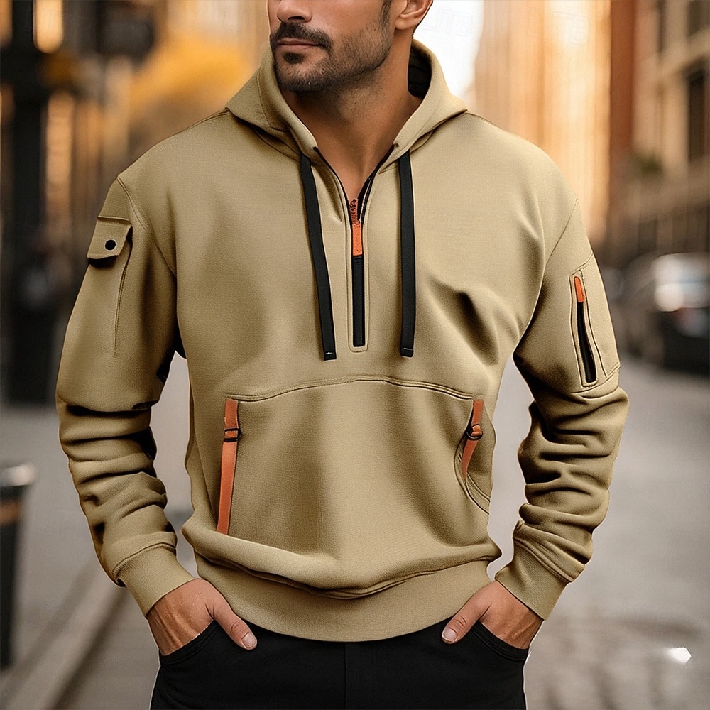 Voor heren Trui met capuchon Hoodie met kwartrits Zwart Wijn Marineblauw Khaki Grijs Capuchon Effen Zak Sport & Outdoor Dagelijks Feestdagen Polyester Streetwear Basic Casual Lente Herfst Kleding 2026 - $22.99 –P1