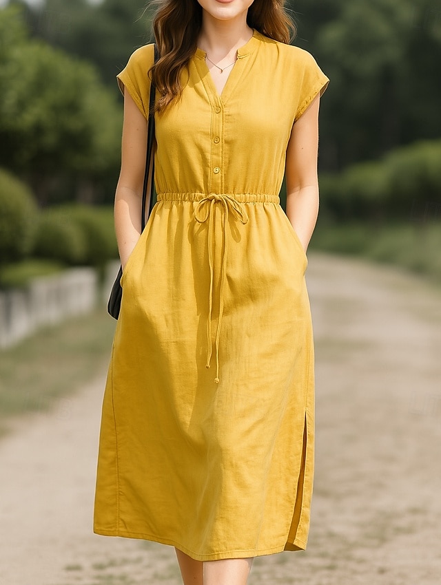 Femmes Robe Midi Robe trapèze Robe d'été Occasionnel Quotidien Coupe régulière Uni Manche Courte Col montant Jaune Rouge Été de 2025 ? $38.99 –P1