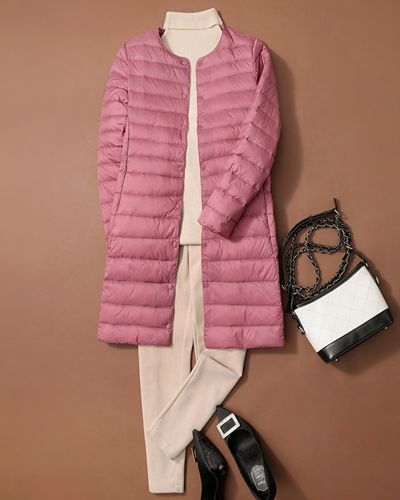 Dame Dunjakke Frakk Hold Varm Bekvem Knapper Fritid عادي utendørs Feriereise Gate Enkeltkneppet Lang Crewneck Normal Langermet Yttertøy Svart Hvit Rosa Høst Vinter 2025 - $45.99 –P8