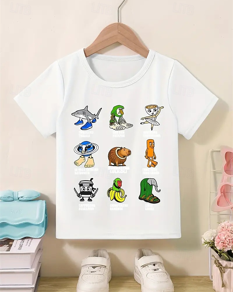 Camiseta engraçada com estampa de Brainrot italiana para meninas - camiseta leve e elástica com tecido elástico leve para crianças de 4 a 12 anos, casual para o dia a dia &roupa de festa de de 2025 por $11.99 –P10