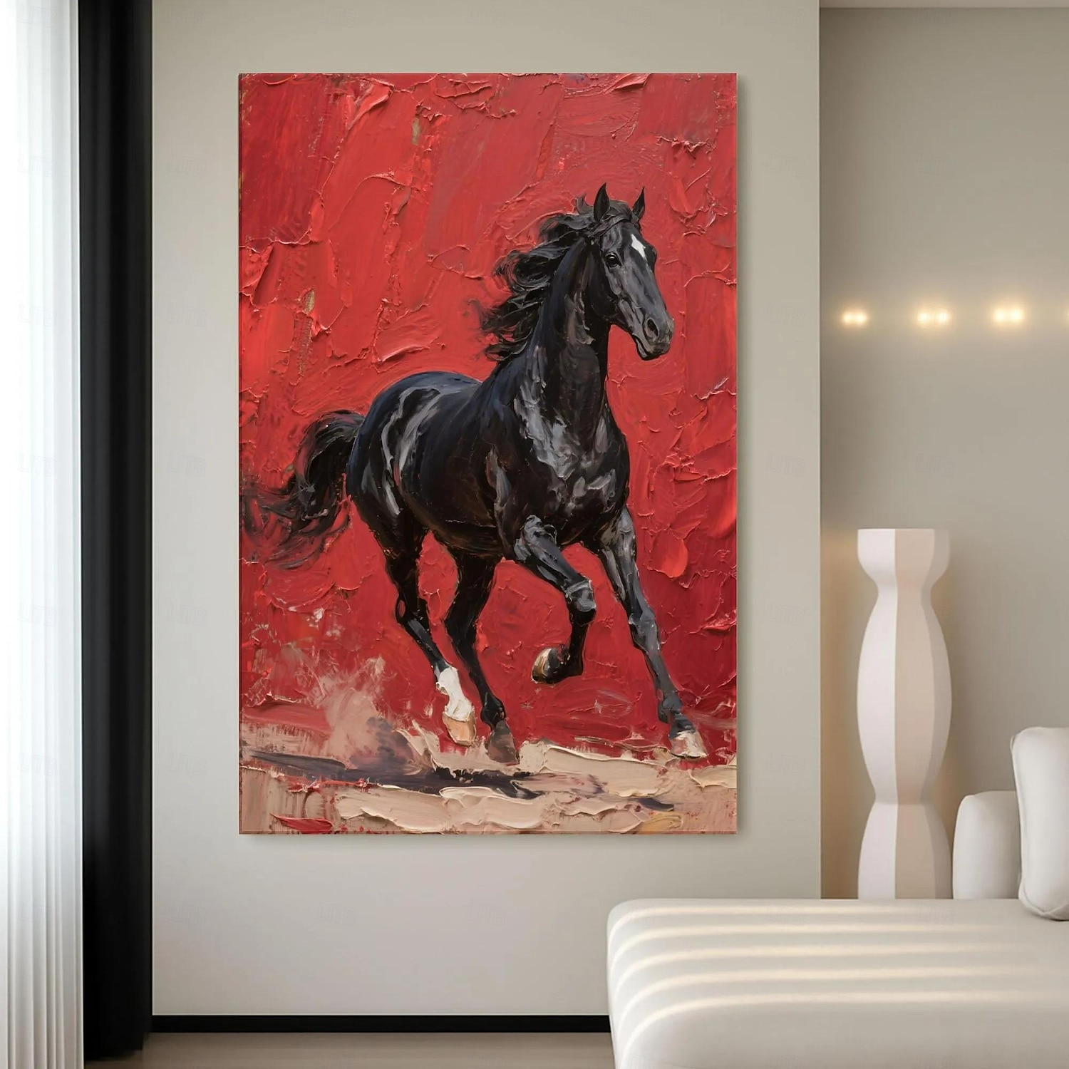 2025年 オリジナルの赤黒の質感のある馬の油絵、キャンバスに描かれた野生の種馬の壁アート、馬のパレットナイフのアートワーク、モダンで大胆な乗馬の装飾  コレクション – $38.99 –P6