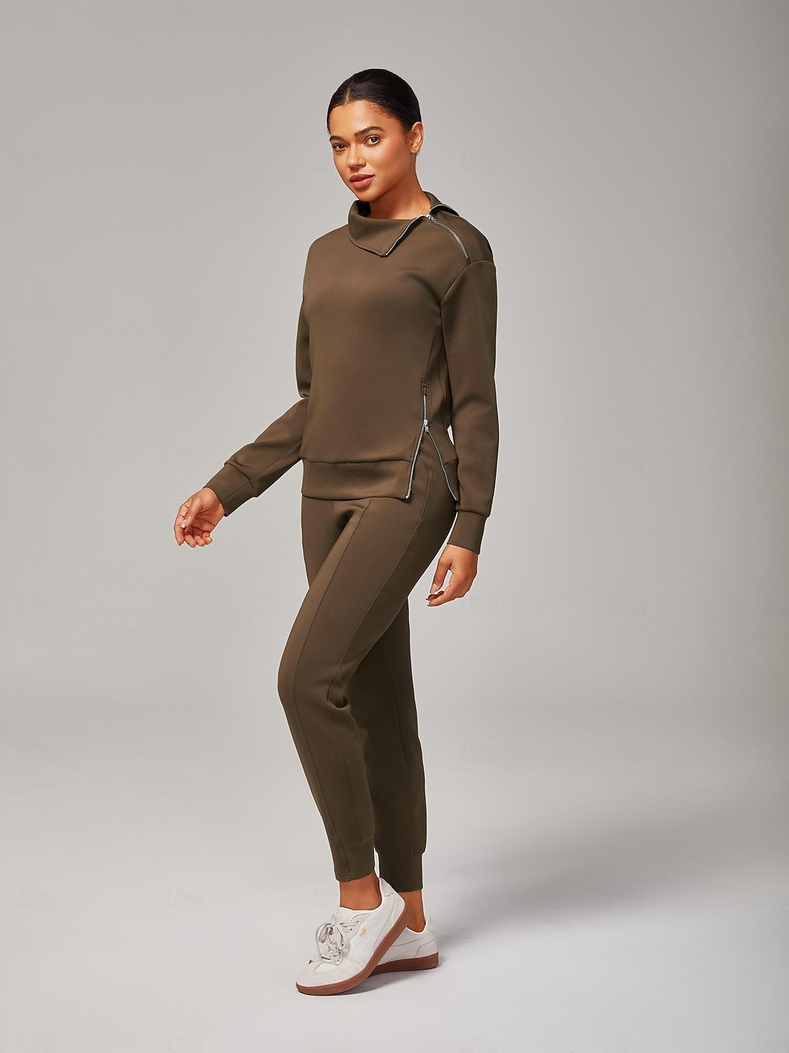 Calça de moletom feminina marrom elástica com zíper e fenda na cintura elástica, estilosa, confortável, casual, diária, trabalho, versátil, outono de 2025 por $72.99 –P4