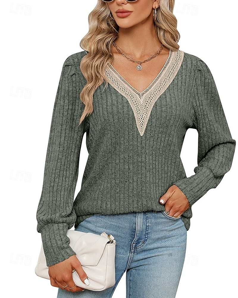 Naisten Neulos Pusero Päivittäin Tyylikäs Vapaa-aika Väripalikka Joustin V kaula-aukko Kudottu Pitsinauhat Pitkähihainen Tavalliset topit Neuloa Päivittäin Pyhäpäivä Bile Viininpunainen Musta Syksy 2026 - $27.99 –P5